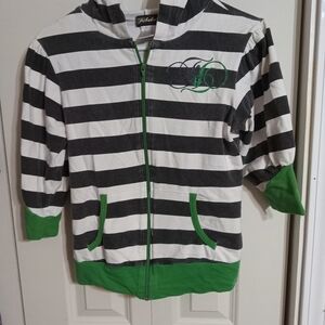 Striped Black and White Hoodie with Green Accents
